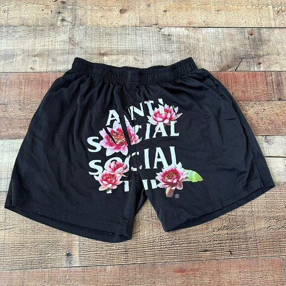 Anti Social Social Club Women's Size M Mesh Pull On Shorts in Black Pink Floral - Picture 1 of 8